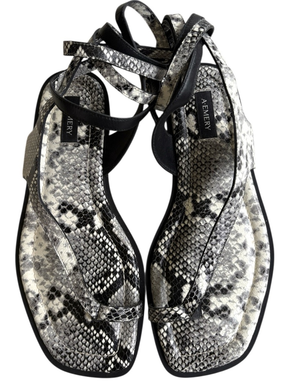 EUC A. EMERY Leather Heidi Ankle Wrap Sandals Snakeskin Size 9 Retail $210.00